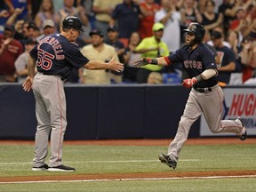 Boston Red Sox third base coach Brian Butterfield, left, congratulates Dustin Pedroia who hit a two-run home run off Tampa Bay Rays starter Jake Odorizzi during the third inning of a baseball game Friday, July 7, 2017, in St. Petersburg, Fla. (AP Photo/Steve Nesius)