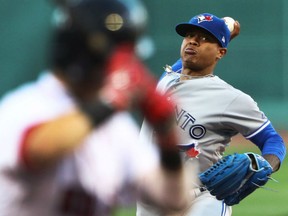 Marcus Stroman of the Toronto Blue Jays throws a pitch against the Boston Red Sox in MLB action Monday night in Boston. Stroman pitched 6.2 innings of five-hit ball, allowing three runs in what proved to be a Jays 4-3 victory.