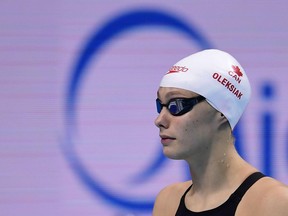 Penny Oleksiak prepares for her 100-metre freestyle heat at the world aquatics championships in Budapest, Hungary, on July 27.