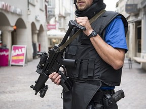 Police shut down the old town of Schaffhausen in Switzerland, while they search for an unknown man who attacked people, on Monday, July 24, 2017.