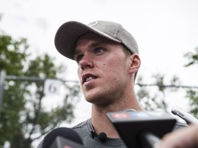 Connor McDavid speaks to reporters in Toronto on July 26.