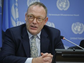 FILE - In this Oct. 21, 2016 file photo, Ben Emmerson, U.N. special investigator on counter-terrorism and human rights, holds a news conference on migration policies, at U.N. headquarters. Emmerson said at the end of a five-day visit to Sri Lanka Friday, July 14, 2017 that torture remains "endemic and routine" in Sri Lanka's counterterrorism methods and a number of persons being detained without trial under a harsh anti-terror law is a stain on the country's international reputation. (AP Photo/Bebeto Matthews, File)