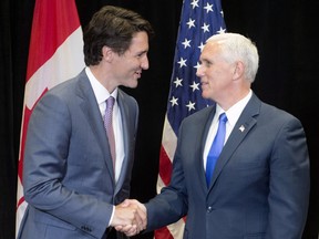 Prime Minister Justin Trudeau meets with American Vice-President Mike Pence at the National Governor's Association (NGA) Special Session - Collaborating to Create Tomorrow's Global Economy, in Providence, R.I., Friday, July 14, 2017.