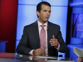 Donald Trump Jr. is interviewed by host Sean Hannity on his Fox News Channel television program, in New York.