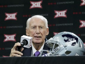 Kansas State head coach Bill Snyder speaks to reporters during the Big 12 NCAA college football media day in Frisco, Texas, Tuesday, July 18, 2017. (AP Photo/LM Otero)