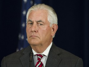 Secretary of State Rex Tillerson appears at news conference at the State Department in Washington.