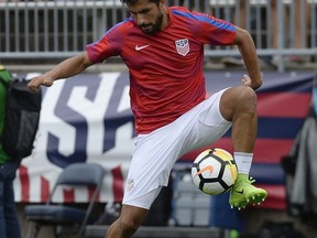 FILE - In this July 1, 2017, file photo, United States' Kenny Saief is shown in action during an international friendly soccer match against Ghana at Pratt & Whitney Stadium at Rentschler Field, in East Hartford, Conn.  Saeif will miss the CONCACAF Gold Cup because of a groin injury and will be replaced by Chris Pontius on the U.S. roster. (AP Photo/Jessica Hill, File)