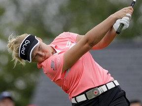 Canada's Brooke Henderson tees off on the first hole during the second round of the U.S. Women's Open Golf tournament on Friday in Bedminster, N.J.