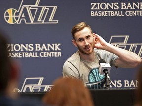 FILE - In this May 9, 2017, file photo, then-Utah Jazz forward Gordon Hayward talks to the media during the NBA teams end of season press conference in Salt Lake City. When it comes to the IRS, the dollars connected to a player's contract don't tell the whole story about how much he's going to be making. Where a player choses to play _ the Boston Celtics or the Miami Heat _ could go a long way in determining how much money he ends up receiving. Robert Raiola, who includes many professional athletes among his clients in his role as director of sports and entertainment for the PKF O'Connor Davies accounting firm, cites former Utah Jazz forward Gordon Hayward's recent deal with the Celtics as an example. (Kristin Murphy/The Deseret News via AP, File)