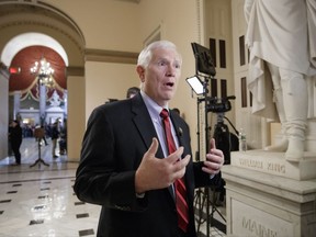 FILE - In this March 22, 2017 file photo, Rep. Mo Brooks, R-Ala. is interviewed on Capitol Hill in Washington. Brooks is using audio of last month's shooting involving GOP Whip Steve Scalise and other Republican congressmen in a campaign ad touting his support for gun rights (AP Photo/J. Scott Applewhite, file)