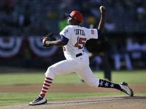 Oakland Athletics pitcher Jharel Cotton works against the Chicago White Sox in the first inning of a baseball game Monday, July 3, 2017, in Oakland, Calif. (AP Photo/Ben Margot)