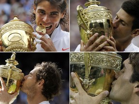 FILE - Clockwise from top left are file photos showing Rafael Nadal biting the Wimbledon men's singles trophy after defeating Tomas Berdych on July 4, 2010; Novak Djokovic kissing the Wimbledon men's singles trophy after defeating Roger Federer on July 12, 2015; Roger Federer  kissing the Wimbledon men's singles trophy after beating Andy Murray on, July 8, 2012; and Andy Murray kissing the Wimbledon men's singles trophy after beating Milos Raonic on July 10, 2016. Nadal, Djokovic, Federer and Murray have combined to win the past 14 Wimbledon men's titles. (AP Photo/File)