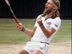 FILE - In this July 5, 1980, file photo, Bjorn Borg reacts after defeating John McEnroe to win the Wimbledon men's singles championship. (AP Photo/Adam Stoltman, File)