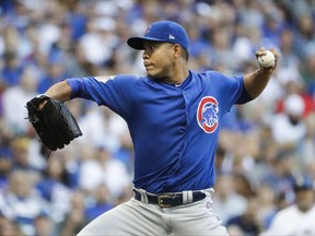 Chicago Cubs starting pitcher Jose Quintana throws during the first inning of a baseball game against the Milwaukee Brewers Friday, July 28, 2017, in Milwaukee. (AP Photo/Morry Gash)