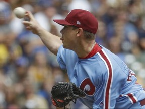 Philadelphia Phillies starting pitcher Jeremy Hellickson throws during the first inning of a baseball game against the Milwaukee Brewers Sunday, July 16, 2017, in Milwaukee. (AP Photo/Morry Gash)