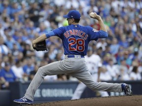 Chicago Cubs starting pitcher Kyle Hendricks throws during the first inning of a baseball game against the Milwaukee Brewers Saturday, July 29, 2017, in Milwaukee. (AP Photo/Morry Gash)