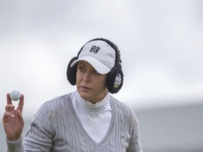 USA's Cristie Kerr acknowledges the applause on the 1st green during day three of the Ladies Scottish Open at Dundonald Links, North Ayrshire. Scotland, Saturday July 29, 2017. (Kenny Smith/PA via AP)