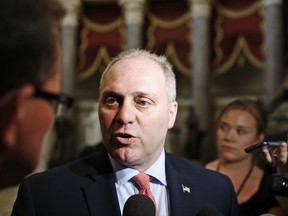FILE - In this May 17, 2017 file photo, House Majority Whip Rep. Steve Scalise of La., speaks with the media on Capitol Hill in Washington. Scalise, critically wounded in a shooting at a baseball practice last month, has been discharged from a Washington hospital. (AP Photo/Alex Brandon)