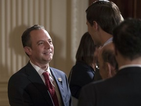FILE - In this July 26, 2017 file photo, White House Chief of Staff Reince Priebus talks with White House senior adviser Jared Kushner in the East Room of the White House in Washington. New White House communications director Anthony Scaramucci went after Priebus Thursday, July 27, 2017, as a suspected "leaker" within the West Wing in a pull-no-punches interview that laid bare the personality clashes and internal turmoil of Donald Trump's presidency.  (AP Photo/Carolyn Kaster, File)