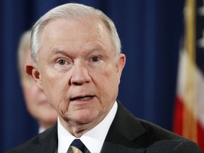 FILE - In this July 13, 2017 file photo, Attorney General Jeff Sessions speaks during a news conference at the Justice Department in Washington. (AP Photo/Jacquelyn Martin, File)