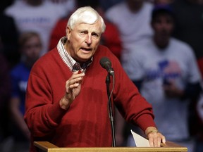 FILE - In this April 27, 2016, file photo, former Indiana basketball coach Bob Knight speaks during campaign stop for Republican presidential candidate Donald Trump in Indianapolis. The Washington Post reports that the FBI and the U.S. Army investigated complaints from four women that Knight groped them or touched them inappropriately during a visit to a U.S. spy agency in 2015. The investigation concluded a year later without charges being filed.(AP Photo/Darron Cummings, File)