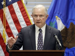 FILE - In this July 12, 2017, file photo, Attorney General Jeff Sessions speaks in Las Vegas. President Donald Trump says he never would have appointed Sessions as attorney general had he known Sessions would recuse himself from overseeing the Russia investigation. Trump makes the extraordinary statement about Sessions in an interview with the New York Times Wednesday, July 19. (AP Photo/John Locher, File)