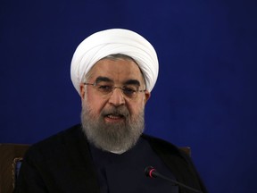 FILE - In this May 22, 2017, file photo, Iranian President Hassan Rouhani speaks at a news conference in Tehran, Iran. The Trump administration is pushing for inspections of suspicious Iranian military sites in a bid to test the strength of the nuclear deal that President Donald Trump desperately wants to cancel, senior U.S. officials said. The inspections are one element of what is designed to be a more aggressive approach to preventing Iran from obtaining a nuclear weapon. (AP Photo/Vahid Salemi, File)