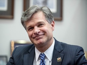 FILE - In this June 29, 2017, file photo, FBI Director nominee Christopher Wray meets with Sen. Chuck Grassley, R-Iowa, in his office on Capitol Hill in Washington. Wray, President Donald Trump's pick to lead the FBI faces a confirmation hearing on July 12 that will undoubtedly focus on the political tumult surrounding his nomination.(AP Photo/Andrew Harnik, File)