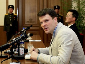 In this Feb. 29, 2016 file photo, American student Otto Warmbier speaks as Warmbier is presented to reporters in Pyongyang, North Korea.