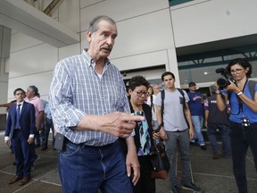 Mexico's former President Vicente Fox arrives at the international airport in Maiquetia, near Caracas, Venezuela, Saturday, July 15, 2017. Sevearl former Latin America leaders arrived Saturday in support of Sunday's symbolic referendum to reject President Nicolas Maduro's plans to rewrite the constitution. (AP Photo/Ariana Cubillos)