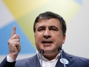 FILE - In this Wednesday, Dec. 23, 2015 file photo, governor of Odessa region in Ukraine, former Georgian President Mikhail Saakashvili speaks during the anti-corruption forum in Kiev, Ukraine. Ukraine's president has rescinded the citizenship of Mikheil Saakashvili, who moved to Ukraine to become leader of one of its most corruption-plagued regions and later resigned. (AP Photo/Sergei Chuzavkov, File)