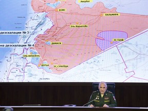 Lt.-Gen. Sergei Rudskoy of the Russian Military General Staff, speaks to the media in Moscow, Russia, Monday, July 24, 2017. Russia's General Staff says it has deployed military police to monitor the cease-fire in a safe zone in the eastern suburbs of Syria's Damascus.(AP Photo/Alexander Zemlianichenko)