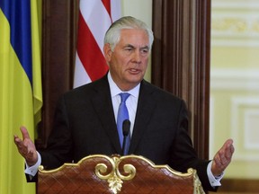 U.S. Secretary of State Rex Tillerson speaks during a joint press conference with Ukrainian President Petro Poroshenko in Kiev, Sunday, July 9, 2017. Tillerson is in Ukraine to reaffirm American support as the country struggles with a Russia-backed insurgency in the east and attempts to crack down on corruption. (AP Photo/Efrem Lukatsky)