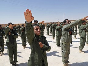 Syrian Internal Security Forces are sworn in during their graduation ceremony, at Ain Issa desert base, in Raqqa province, northeast Syria, Thursday, July 20, 2017. Some 250 residents of Syria's Raqqa province are the latest batch to graduate from a brief U.S-training course that is preparing an internal security force to hold and secure areas as they are captured from Islamic State militants. (AP Photo/Hussein Malla)