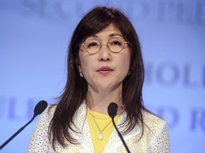 In this June 3, 2017, file photo, Japanese Defense Minister Tomomi Inada speaks at the second plenary session at the 2017 International Institute for Strategic Studies (IISS) Shangri-la Dialogue, an annual defense and security forum in Asia, in Singapore. (AP Photo/Joseph Nair)