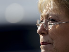 Chile's President Michelle Bachelet looks on during a visit to Memory Park which honors the victims of the country's dictatorship, in Buenos Aires, Argentina, Thursday, July 20, 2017. (AP Photo/Natacha Pisarenko)