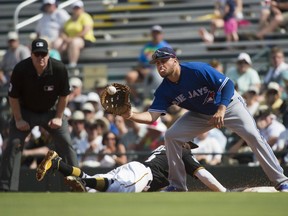 In this Feb. 28 file photo, Rowdy Tellez plays first base for the Toronto Blue Jays in spring training.