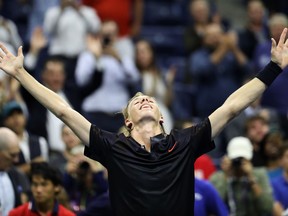 Denis Shapovalov celebrates his win over Jo-Wilfried Tsonga at the U.S. Open on Aug. 30.