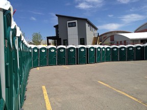This 2014 file photo shows 175 Porta Potties at the Calgary Marathon.
