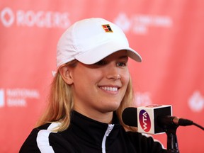 Eugenie Bouchard of Canada speaks to the media during Day 3 of the Rogers Cup at Aviva Centre on August 7, 2017 in Toronto, Canada.