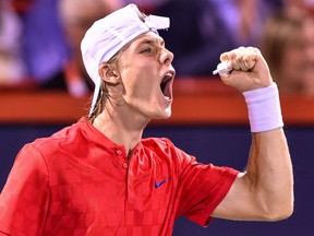 Denis Shapovalov of Canada reacts after winning the second set against Rafael Nadal of Spain during play Thursday night at the Rogers Cup at Uniprix Stadium in Montreal.