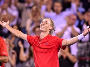 Denis Shapovalov of Canada celebrates his victory over Rafael Nadal of Spain during day seven of the Rogers Cup presented by National Bank at Uniprix Stadium on August 10, 2017 in Montreal, Quebec, Canada.