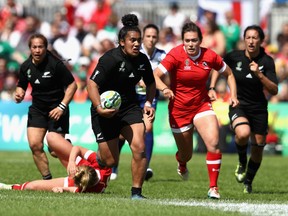Victoria Subritzky-Nafatali of New Zealand Black Ferns breaks through during the Women's Rugby World Cup Pool A, match between Canada and New Zealand Black Ferns at Billings Park UCB on August 17, 2017 in Dublin, Ireland.