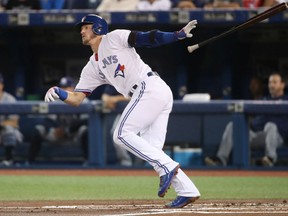 Josh Donaldson of the Blue Jays hits a solo home run in the first inning against the Tampa Bay Rays during their game Thursday at Rogers Centre in Toronto.
