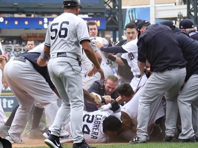 Miguel Cabrera of the Detroit Tigers is at the bottom of the pile during a fight with the New York Yankees in the sixth inning at Comerica Park on Aug. 24, 2017.