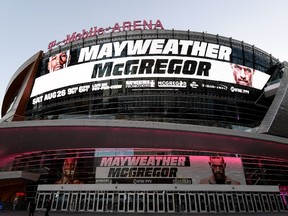 T-Mobile Arena in Las Vegas is decked out in advance of Saturday's super-welterweight boxing match.