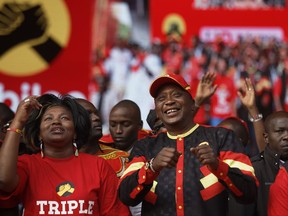 Kenya's President Uhuru Kenyatta dances to reggae music, at an election rally in Uhuru Park in Nairobi, Kenya Friday, Aug. 4, 2017. Kenyans are due to go to the polls on Aug. 8. to vote in presidential elections after a tightly-fought race between incumbent President Uhuru Kenyatta and main opposition leader Raila Odinga. (AP Photo/Ben Curtis)