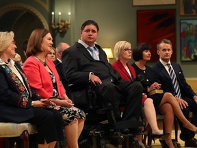 (L-R) Carolyn Bennett, Jane Philpott, Kent Hehr, Carla Qualtrough, Ginette Petitpas-Taylor and Seamus O'Regan attend the swearing in ceremony at Rideau Hall in Ottawa, Ontario, August 28, 2017.