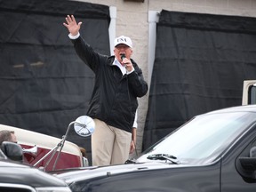Donald Trump speaks outside of the Annaville Fire House after attending a briefing on Hurricane Harvey in Corpus Christi, Texas on August 29, 2017