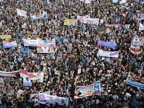 Supporters of former Yemeni President Ali Abdullah Saleh attend a ceremony marking the 35th anniversary of the founding of the Popular Conference Party, in Sanaa, Yemen, Thursday, Aug. 24, 2017. Hundreds of thousands of Yemenis have rallied in Sanaa in a public show of support for the former president amid rising tension between his loyalists and Shiite Houthi rebels, components of the rebel alliance fighting a Saudi-led coalition in the country. (AP Photo/Hani Mohammed)